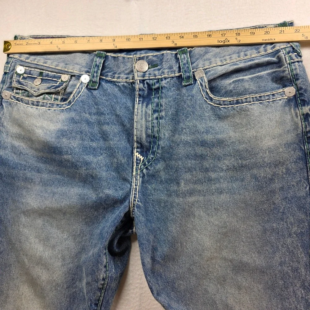 True Religion Ricky Relaxed Straight Men 42 Blue Super‎ T Stitch Acid Wash Jeans